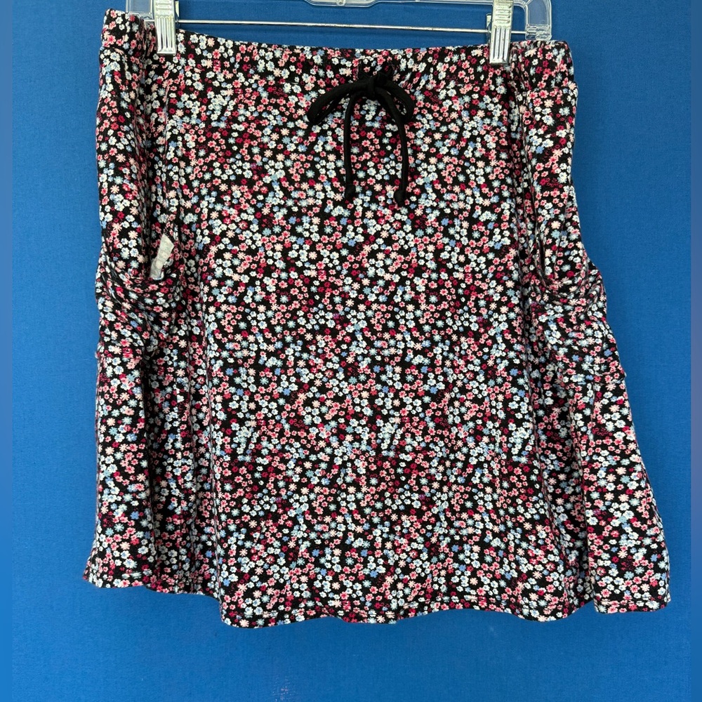 Margaret M Black Floral Drawstring Skirt with Pink & White Flowers